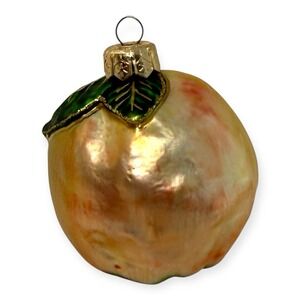 Vintage 1990s Glass Peach Ornament Handblown w/ Green Leaves Glitter 3" Poland